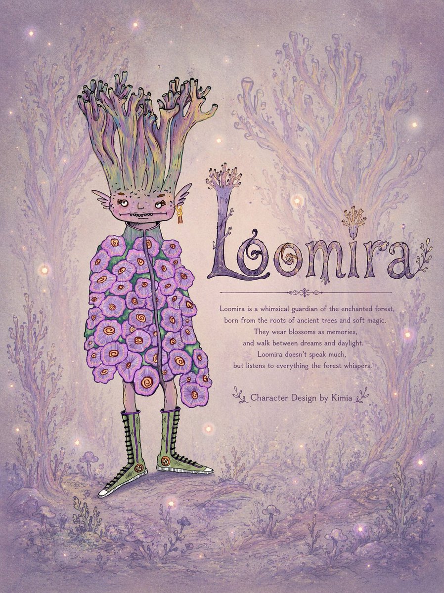 Loomira was born where roots whisper and light forgets to leave.

she wears memories like flowers. 🌿

#CharacterDesign #Illustration