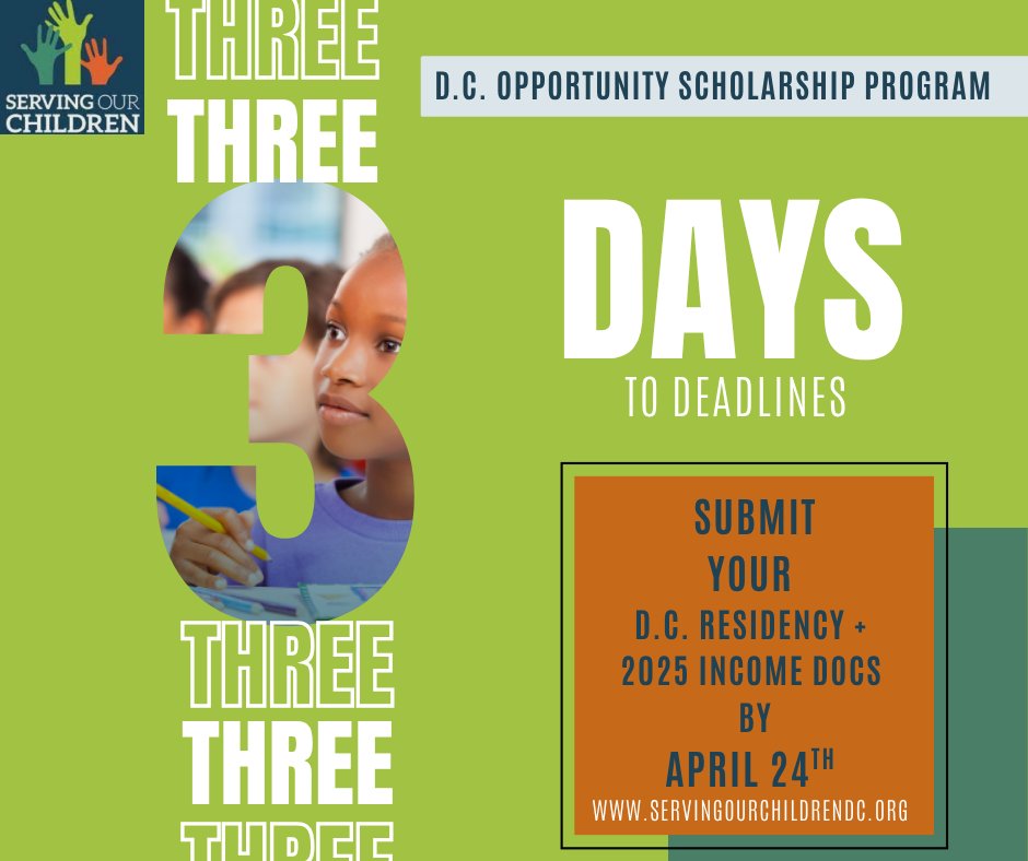 DCosp's tweet photo. We are officially 3 days away from the SY 2026-27 OSP Document Submission Deadline (April 24th). You must submit your required documents via the OSP Parent Portal, email info@servingourchildrendc.org, or an in-office appointment. We're here to help! Call us: 1-888-329-6884. https://t.co/BEah10qRf2