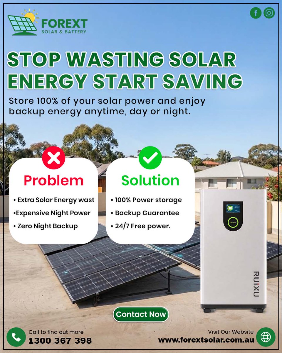 forext_solar's tweet image. Stop wasting your solar energy — start saving smarter ⚡🌞
Every day, your solar panels generate valuable energy… but without proper storage.⚡
📞 1300 367 398
🌐 forextsolar.com.au
#solar #solarpower #solarenergy #cleanenergy #greenenergy #solarbattery #batterybackup