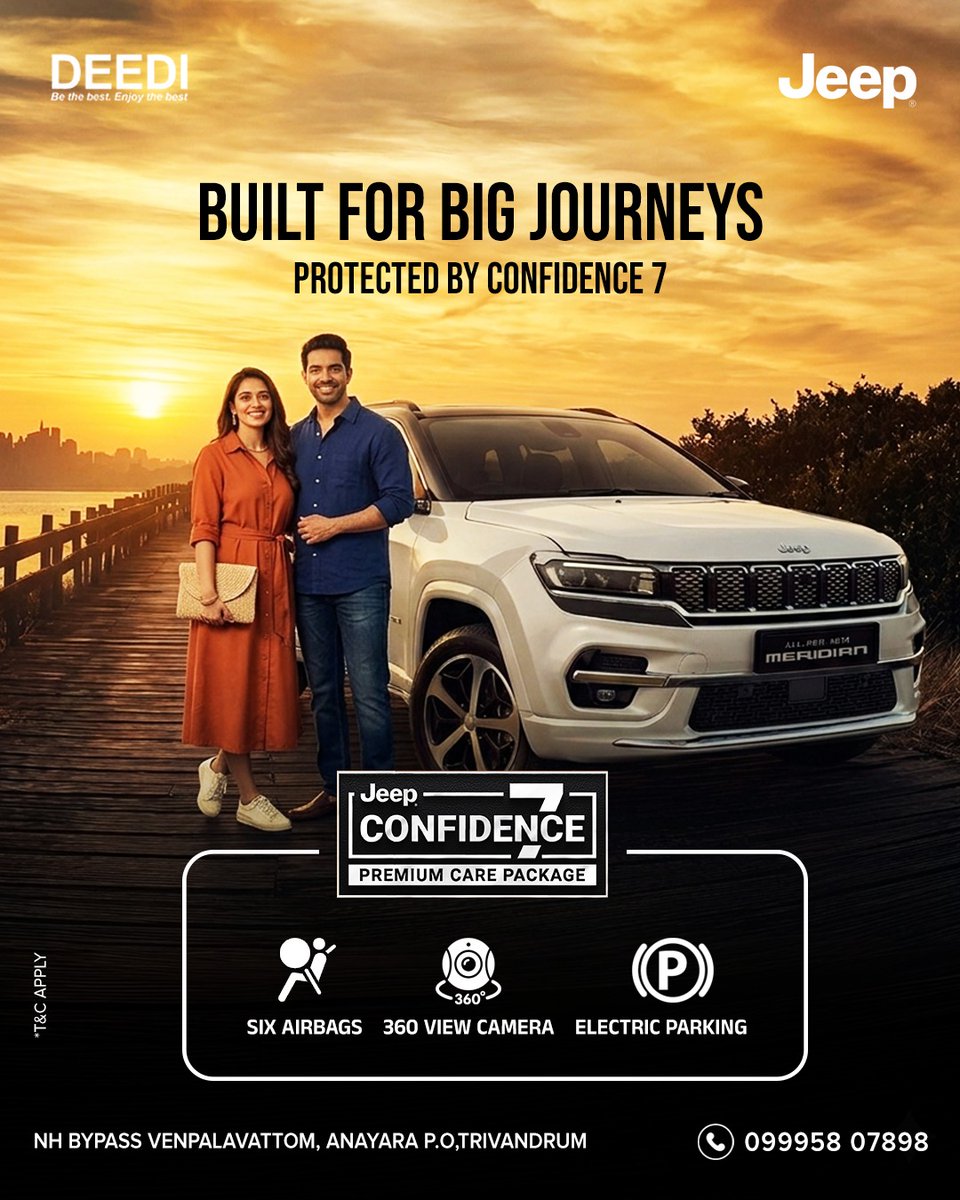 DeediJeep's tweet image. Big journeys need bigger confidence. 

✔ 6 Airbags
✔ 360° Camera
✔ Electric Parking

Upgrade to Jeep Confidence 7 today.

Call:  099958 07898

📍 Trivandrum

#Jeep #SUVIndia #DriveWithConfidence