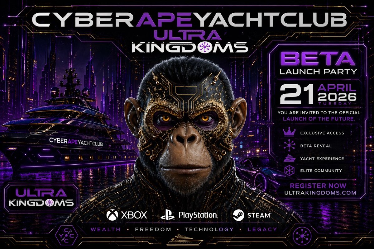 cybermark28's tweet photo. 🚀 CYBER APE YACHT CLUB: ULTRA KINGDOMS 🦍⚡
BETA LAUNCH — April 21, 2026
Exclusive access. Elite community. Next-level luxury & tech.
This isn’t a game. It’s a movement.
Are you in? 🔥
#ultrakingdoms #p2e #crypto #gaming #bigsteps https://t.co/F9HmFdpDkR