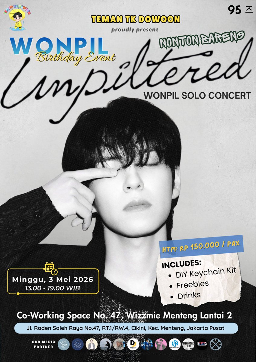 Dear6__'s tweet photo. [𝐌𝐞𝐝𝐏𝐚𝐫𝐭]

TEMAN TK DOWOON PROUDLY PRESENT
✨ NOBAR - WONPIL SOLCON : UNPILTERED w/ Bday Event✨

🗓️ Min, 03 Mei 26
🕡 13.00-19.00 WIB
📍Co-Working Space No. 47, Wizzmie Menteng Lt 2
💸 HTM 150K

Open Reg :
Rabu, 22 April 26 pkl 15.00 WIB

✨Don't miss it &amp; grab fast it✨ https://t.co/i2iNuVeQ67
