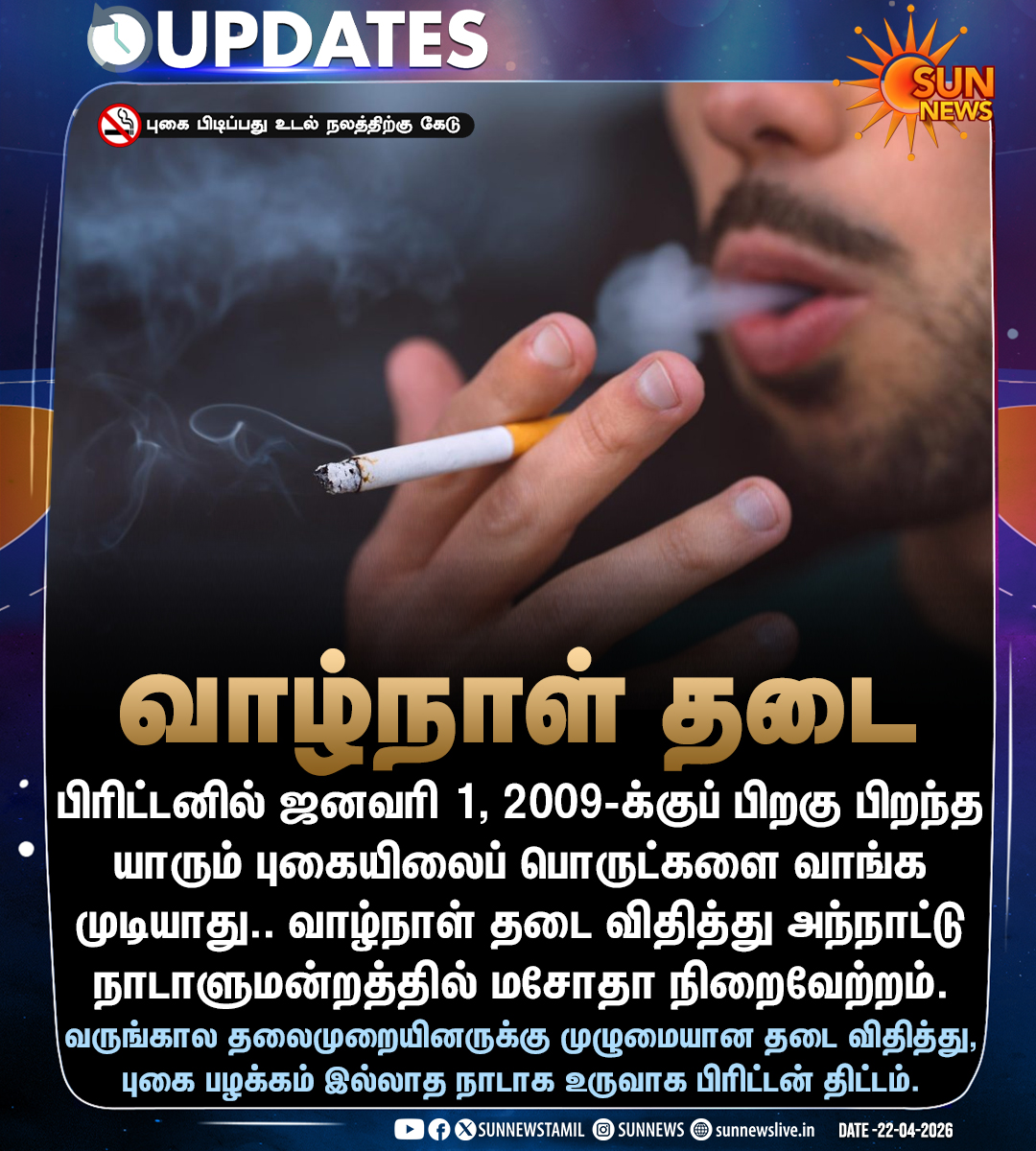 sunnewstamil's tweet image. #NewsUpdate | புகை பழக்கம் இல்லாத நாடாக உருவெடுக்க பிரிட்டன் மெகா பிளான்!

#SunNews | #SmokeFree