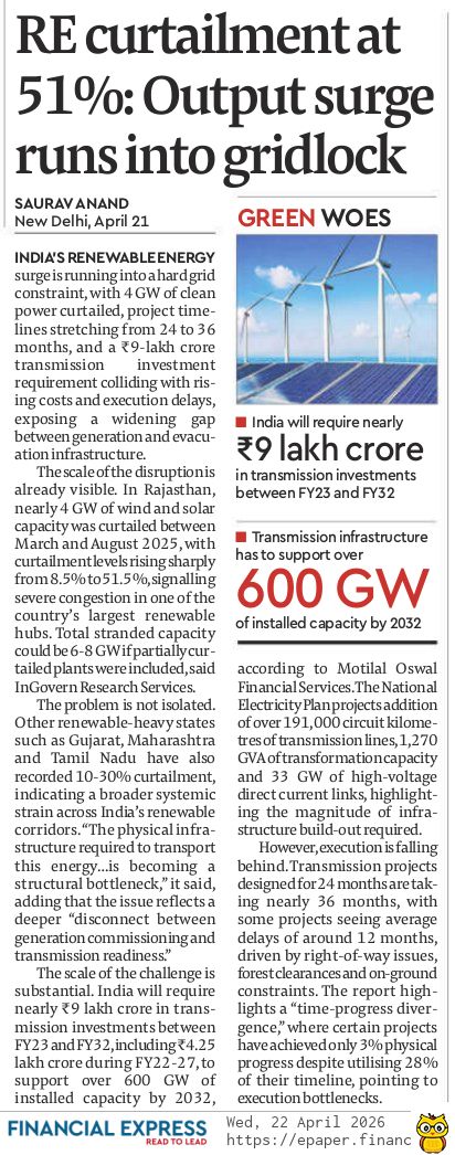 sauravanand04's tweet image. 🔴 𝗥𝗘 𝗚𝗥𝗜𝗗𝗟𝗢𝗖𝗞 ⚡
Curtailment up to 51%; grid lag hits RE. 

⚫ 𝗖𝗢𝗔𝗟 𝗧𝗨𝗥𝗡 🌍
India, China coal use dips first time. 

🟠 𝗢𝗩𝗟 𝗕𝗥𝗔𝗭𝗜𝗟 🛢️
$1.17 bn overseas bet under review

#Oil #Renewables #Energy @joinember @MotilalOswalLtd @ONGC_ @ongcvideshltd
