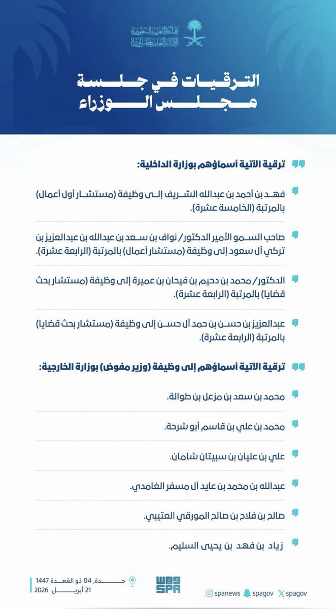 oJIg6JI's tweet photo. 📝 #مجلس_الوزراء السعودي برئاسة سمو #ولي_العهد صاحب السمو الملكي الأمير #محمد_بن_سلمان : يُصدر قراراً بترقية ابن العم/
محمد بن سعد بن مزعل بن طواله إلى وظيفة (وزير مفوّض) بوزارة الخارجية السعودية 
 ألف ألف مبروك يابو عبدالله 🌹🌹 https://t.co/DtY02IR64r