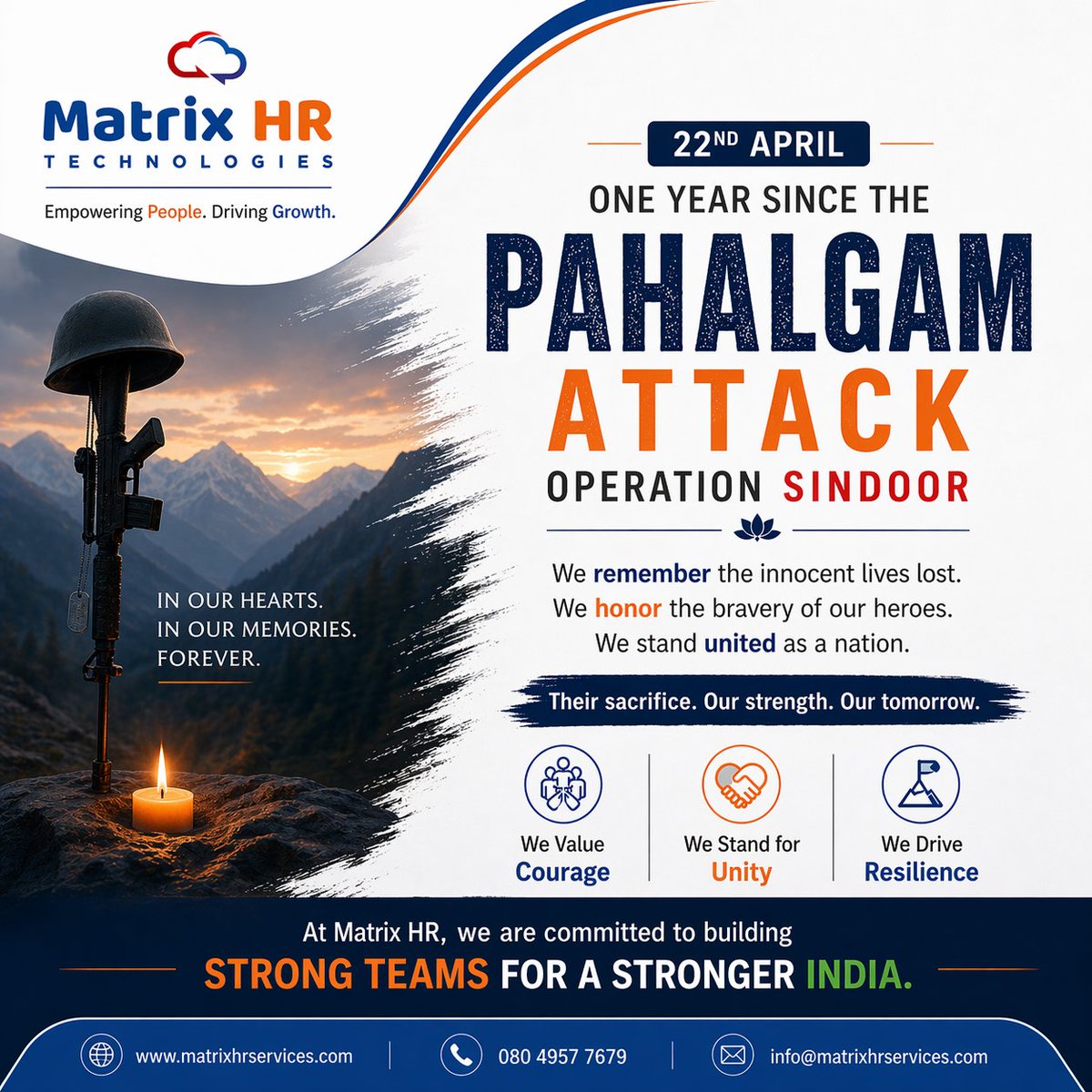 MatrixHRService's tweet photo. One Year Since Pahalgam.
A Moment to Remember. A Time to Reflect.
Today marks one year since the tragic Pahalgam attack under Operation Sindoor — a day that reminded us of the value of courage, unity, and resilience
#Resilience #StrongerTogether #Leadership #India https://t.co/vDbGwoyoyd