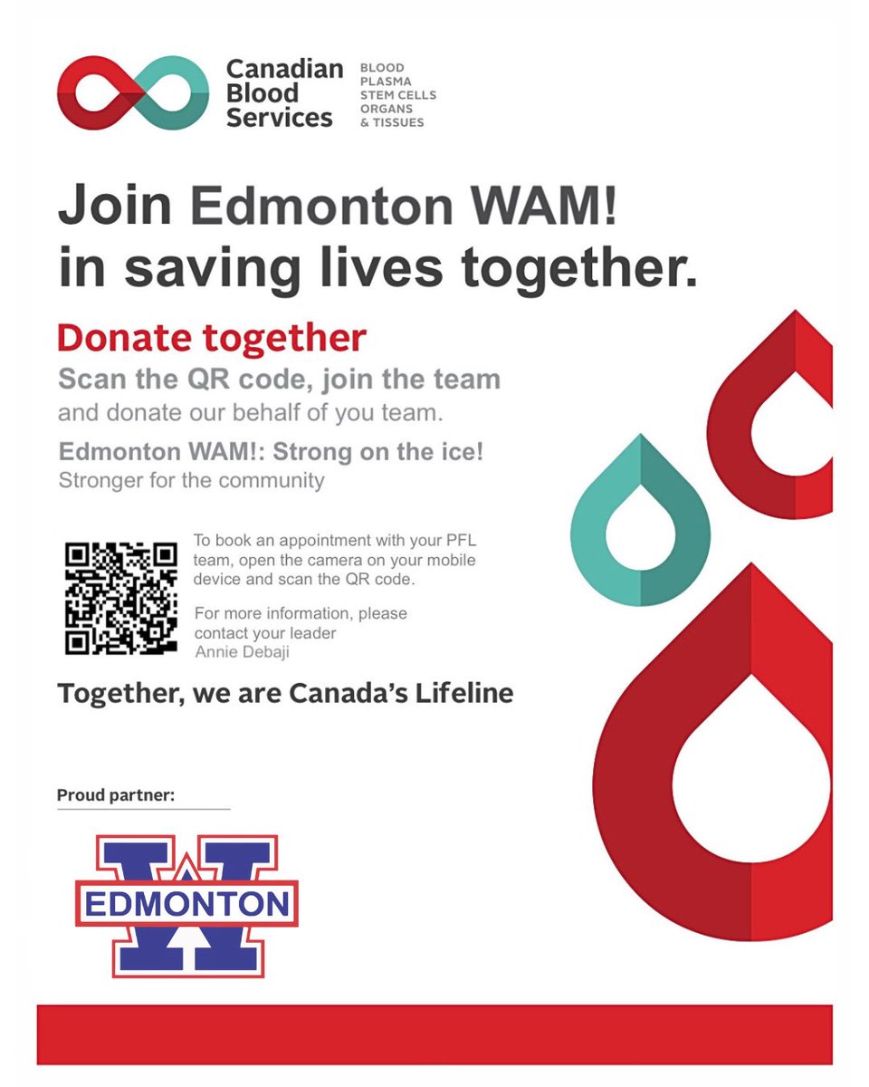 EdmWAMRingette's tweet photo. The Edmonton WAM! is proud to give back to our community by participating in a blood drive alongside NRL teams across the country. Every donation has the power to save lives, and we’re honoured to be part of something bigger than the game! Join us and donate🩸 https://t.co/5DNHwrQKYN