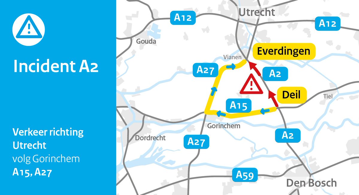 RWSverkeersinfo's tweet image. ❌ | Op de #A2 is de vertraging richting Utrecht opgelopen naar een uur vanwege een ongeval bij Culemborg. Drie rijstroken zijn dicht voor een veilige afhandeling. De politie, berger en weginspecteur zijn aanwezig. Voorlopig ben je sneller via Gorinchem. 👇