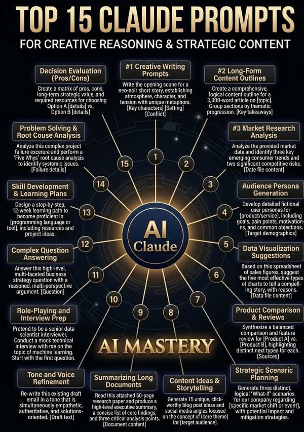 Most people use AI like beginners.

That’s why they stay stuck

Here are 15 Claude prompts I use daily to save 10+ hours/week:

• Write faster
• Think clearer
• Automate work
• Get better outputs

Want all 15:

RT + Comment “PROMPTS”
I’ll send them free.

(Follow so I can DM)
