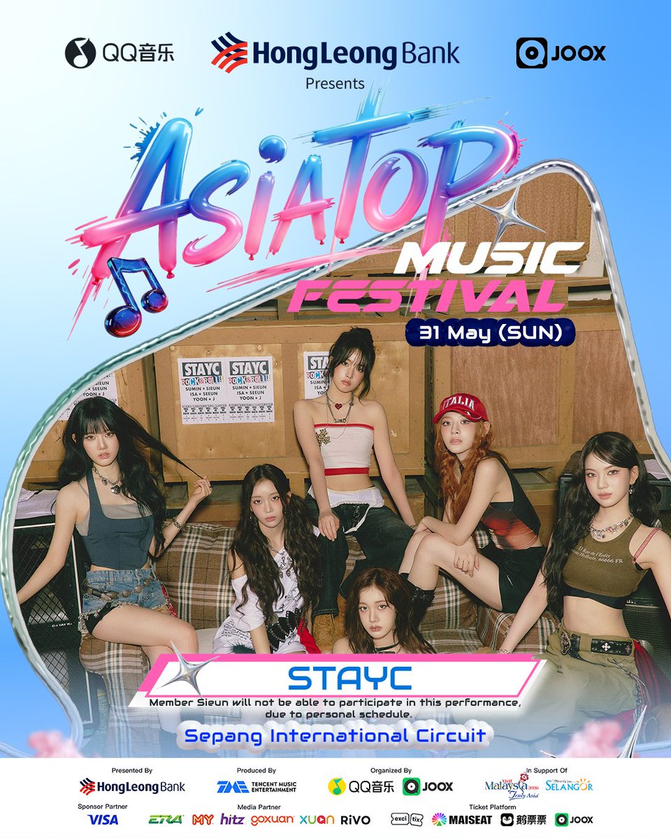 MyKpopHuntress's tweet photo. ✨️ DAY 2 LINEUP : #STAYC ✨️

ASIA TOP MUSIC FESTIVAL 🇲🇾

📅 30 & 31 MAY 2026
📍SEPANG INTERNATIONAL CIRCUIT
Lineup 💫

DAY 1️⃣ #NexT1DE #AINAABDUL #BELLESISOSKI #WINMETAWIN #NMIXX #WINNER #DAESUNG #KUN  
DAY 2️⃣ #URAIHSEE #FIRDHAUS #BUTTERBEAR #82MAJOR #STAYC

✨️ 16 Asian artists, two-days of nonstop music revelry. Let's Enjoy the Beat! ✨️

Presented by #HongLeongBank, Organized by #JOOX and #QQMusic

#ASIATOPMUSICFESTIVAL #HLBVisacard #HLBPresentsAsiaTop #AsiaTop