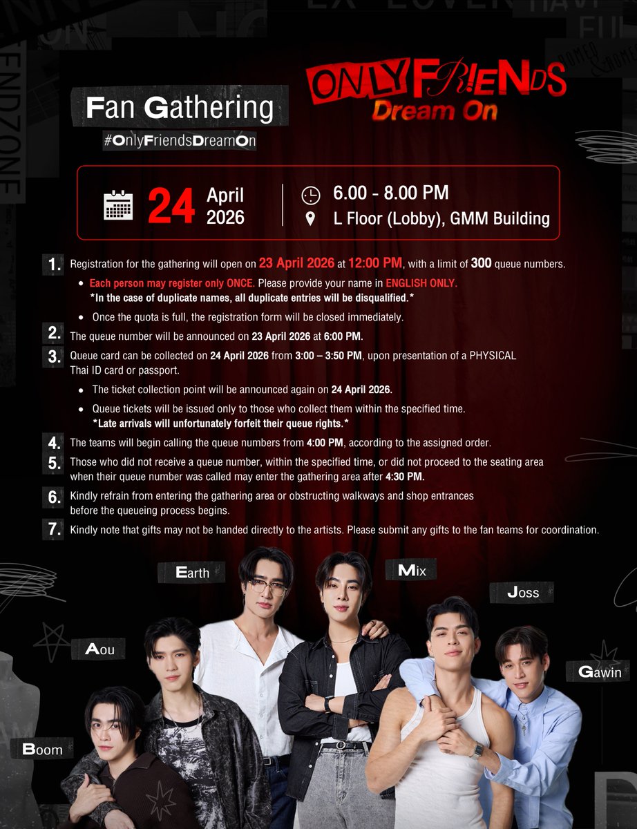 📣แจ้งรายละเอียดการรวมพลแฟนคลับ "Only Friends Dream On" 🎭

🗓 24 เมษายน 2569
⏰️ 18.00 - 20.00 น.
📍สถานที่ : ชั้น L (Lobby) ตึก GMM
👥️ จำนวน 300 คน

📝 เปิดให้ลงทะเบียนผ่าน Google Form 
- วันที่ 23 เมษายน 2569
- เวลา 12.00 น.
- พร้อมกันทาง X : @josswayarofc