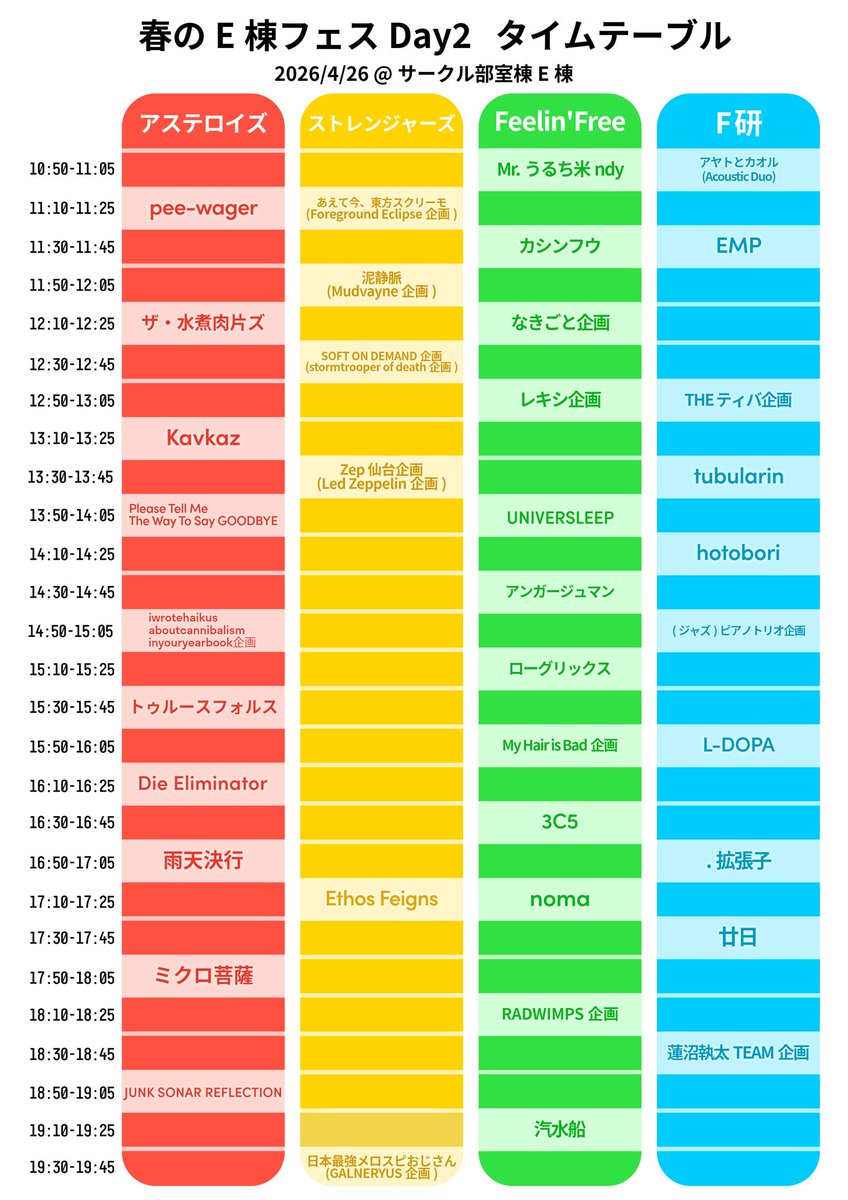 TU_Asteroids's tweet photo. 今週末4/25,26に開催される春のE棟フェスのタイムテーブルです！

軽音に興味があるけど団体ごとの雰囲気がいまいち分からない...そんな新入生にもってこいのイベントです！
アステロは1日目はコピーバンド、2日目はオリジナルバンドがたくさん出ます！ https://t.co/cFa7VyDse3
