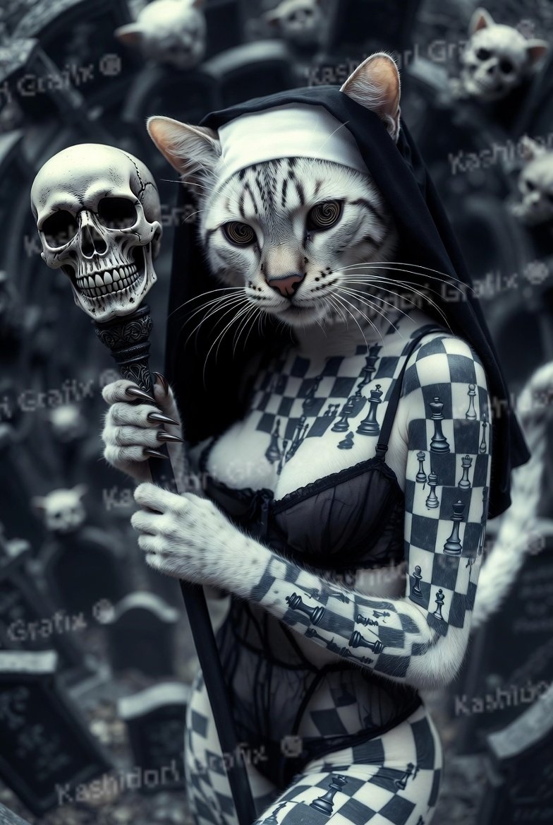 kuronightbane6's tweet photo. Checkmate in the afterlife 🖤♟️
A hypnotic chessboard-veiled cat nun commands the spiraling graveyard, where even the plushie demons know better than to challenge her gaze. White fur, black habit, and fractal ink that moves when you stare too long…
Who else is obsessed with this dark elegance? 😈
Created by Kashidori Grafix ©️
#AIArt #DigitalArt #FantasyArt #DarkFantasy #SurrealArt #CatGirl #Anthropomorphic #FurryArt #ChessArt #GothicArt #NunAesthetic #GraveyardVibes #HorrorArt #MidnightAesthetic #HypnoticArt #FractalArt #KashidoriGrafix #AIArtwork #DarkSurrealism #FantasyCreature