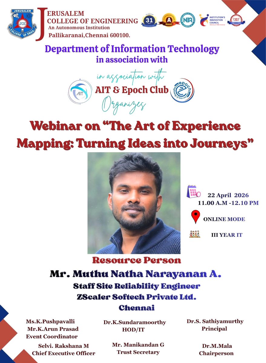 jerusalem_chn's tweet image. 🎨 Webinar on The Art of Experience Mapping 🎨
We are delighted to welcome Mr. Muthu Natha Narayanan A., Staff Site Reliability Engineer at ZScaler Softech Private Ltd., Chennai, as the resource person.
#jce_student_council_official
 #tagore_engg 
 #JCE
 #college
 #learning