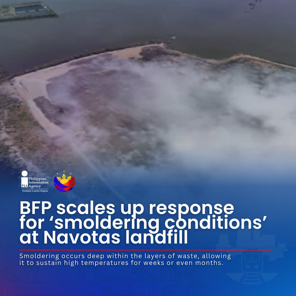 PIA_NCR's tweet image. The Bureau of Fire Protection (BFP) has ramped up its response operations to contain persistent “smoldering conditions” at the #Navotas Sanitary #Landfill Facility, deploying additional personnel and resources to prevent the blaze from spreading.