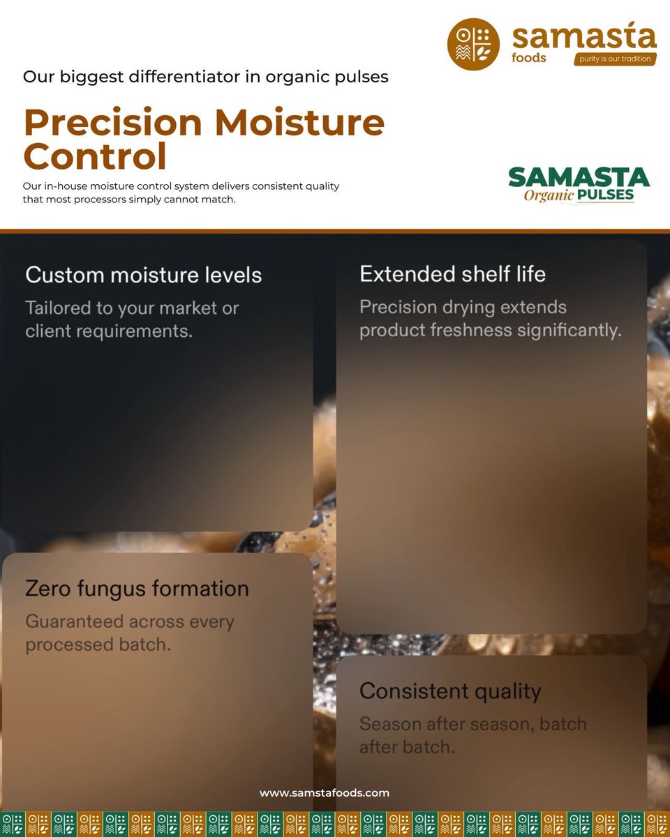 SamastaFoods's tweet image. Precision Moisture Control = Consistent Quality
At Samasta Foods, every batch is engineered for uniformity custom moisture levels, extended shelf life, zero fungus, and reliable quality every time.
Because in organic food, precision builds trust
#OrganicPulses #QualityAssurance