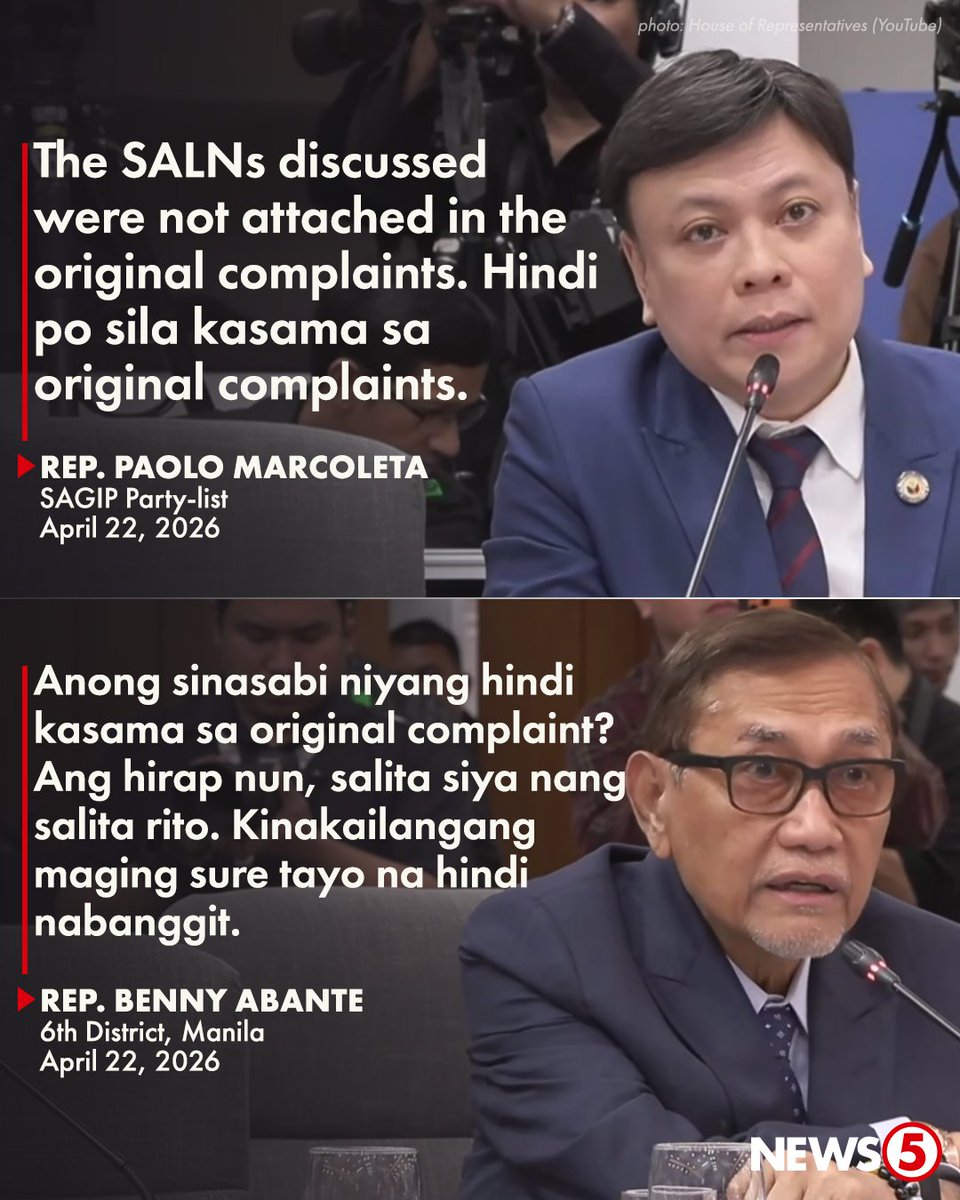News5PH's tweet image. PUMALAG KAY REP. MARCOLETA

Sinagot ni 6th District Manila Rep. Benny Abante ang pahayag ni SAGIP Party-list Rep. Paolo Marcoleta na wala umano sa impeachment complaint ang tinalakay na Statement of Assets, Liabilities, and Net Worth (SALN) ni Vice Pres. Sara Duterte sa House