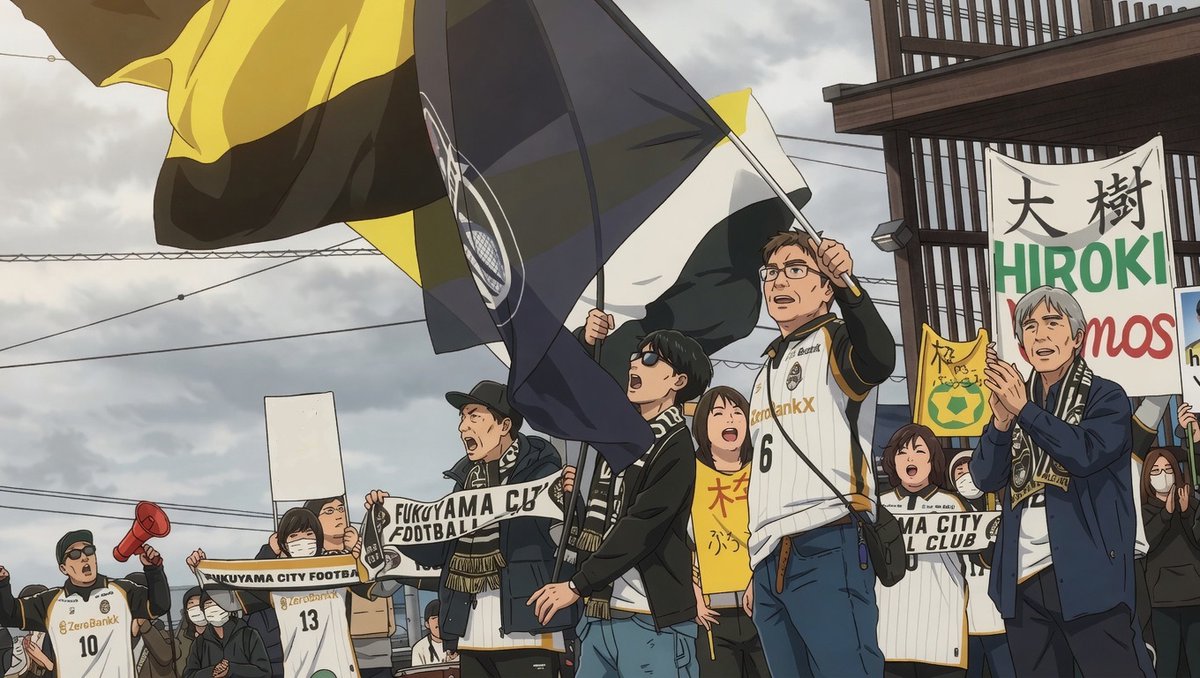 KazMATTMat's tweet photo. #福山シティFC の応援風景動画を見て、楽しそうだなっと感じた方が、沢山チームの応援に来てくれたらいいなぁ
ちなみに僕がいいと思った風景を、最近ハマっているAIでアニメ化してみた。
隅さん(#隅田航) #スタイリィ の皆さん、ありがとうございます。
#ONEFUKUYAMA #FORTHISCITY https://t.co/f6eFwO0niy
