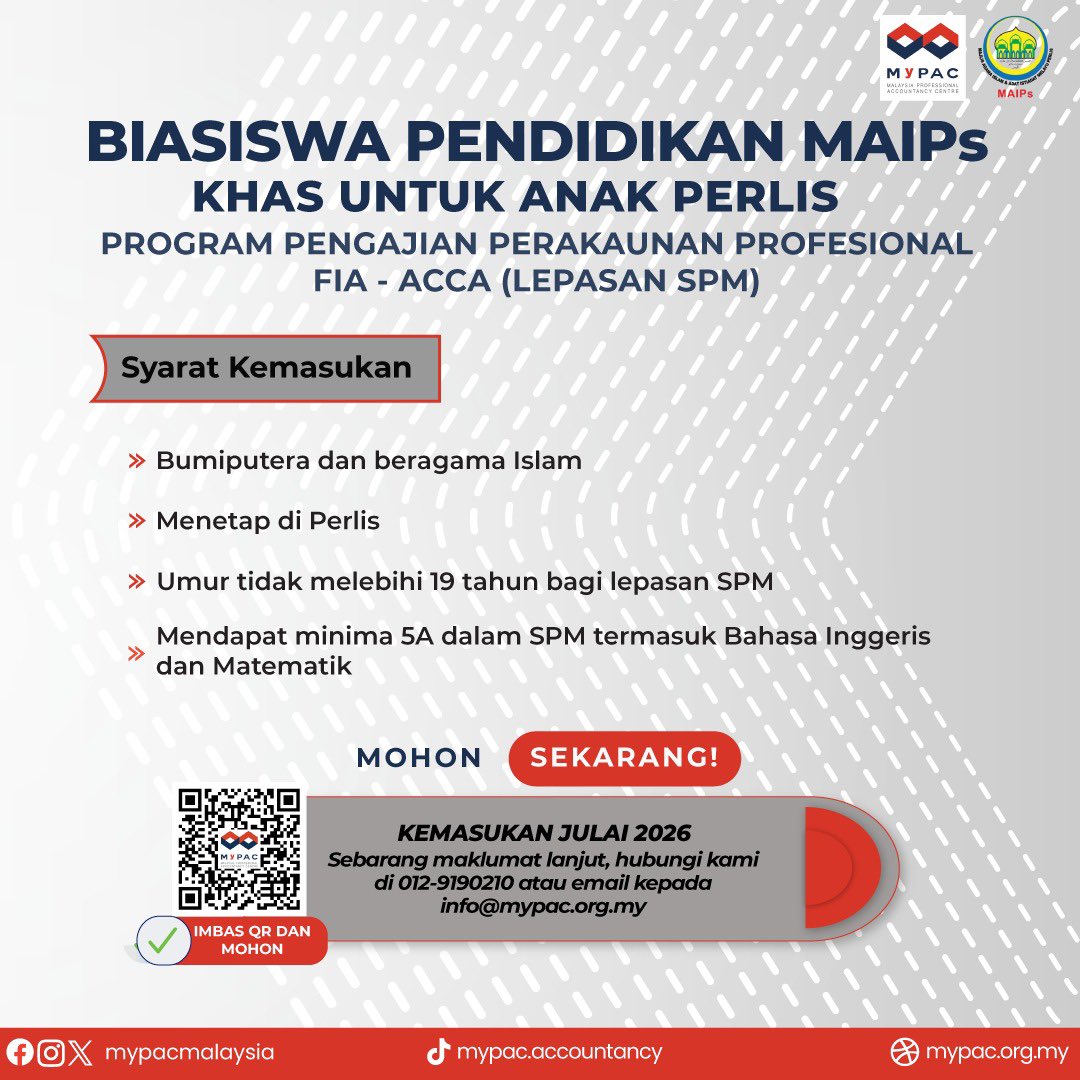mypacmalaysia's tweet image. KEPADA ANAK-ANAK / PEMASTAUTIN DI PERLIS, ADA BERITA BAIK UNTUK SEMUA! 🤩

Jangan lepaskan peluang untuk menjadi Akauntan Profesional di bawah tajaan MAIPs!
forms.gle/CfeoCFAdGQcRai…

#MyPAC #ACCA #FIA #SPM #Accounting