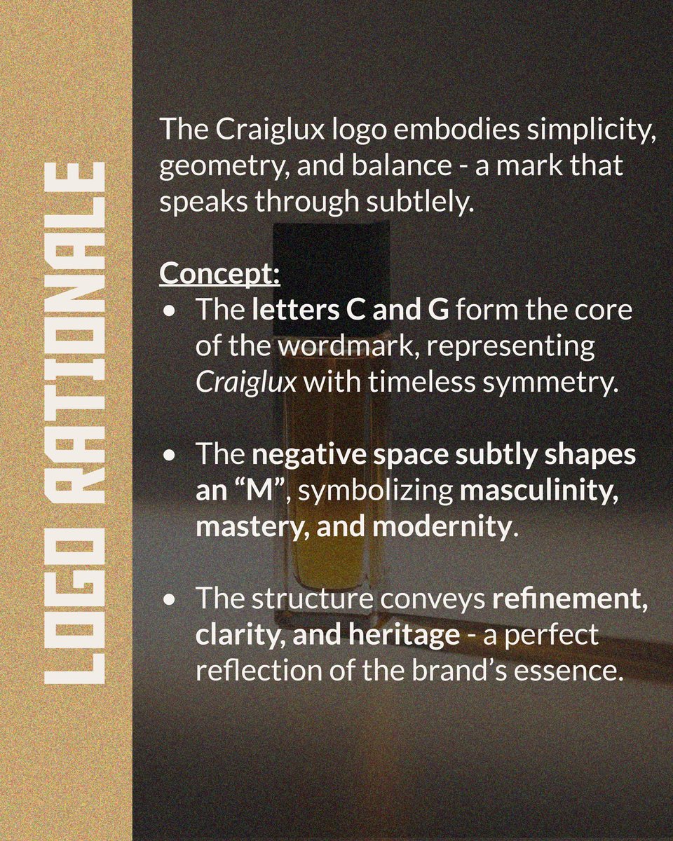 FieldMa88308987's tweet image. Excited to share that CRAIGLUX is now live on Behance.
A luxury men’s grooming brand identity developed around the philosophy of quiet confidence — where presence is felt, not announced.
#Behance
#BehanceProject
#BrandIdentity
#LuxuryBranding
#PackagingDesign
#LogoDesign