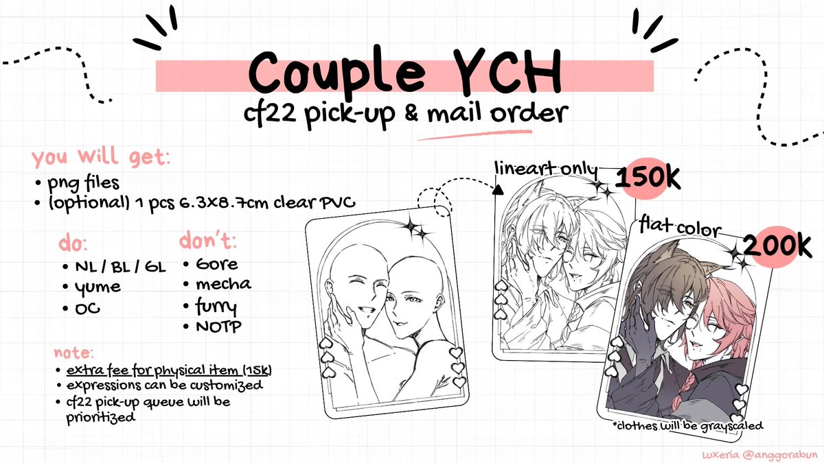 [RT appreciated ♥️]

Luxeria's YCH Couple Commission is open for #CF22!

🗓️ 22 April - 3 Mei 2026
✅ OTS, Mail Order, and Digital
🔗 &amp; 🧸 under the thread

Please read the T&amp;C before ordering 🥳☺️🫶 Thank you!