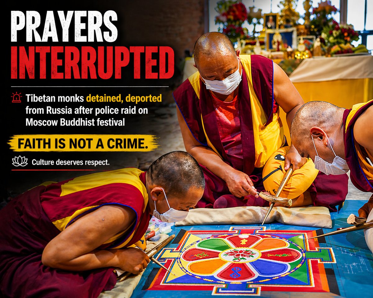 LobsangTse25770's tweet image. #Tibetan monks detained &amp;amp; deported after a peaceful #Buddhistfestival in #Moscow.
Rituals disrupted. Culture interrupted.
Faith should unite not be criminalized.
This raises serious questions about global religious freedom.
#Tibet #ReligiousFreedom #HumanRights #Buddhism #Russia