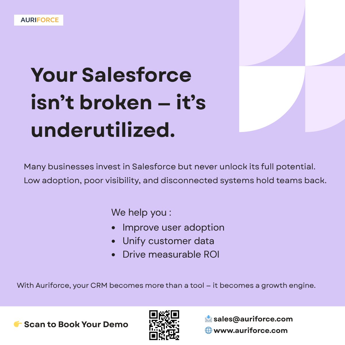auriforce's tweet image. Your Salesforce isn’t broken — it’s underused.

Low adoption, disconnected data, limited visibility — that’s the real issue.

Auriforce turns your CRM into a true growth engine.

book your demo: lnkd.in/g5w7CuW4

📩 sales@auriforce.com
🌐 auriforce.com

#CRM #AI