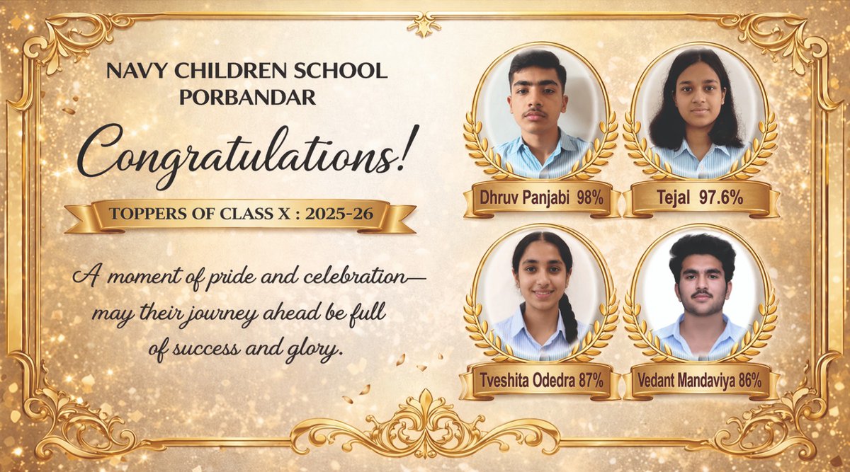 IN_NCSPbd's tweet photo. Hearty congratulations! 🎉
When effort meets determination, success is bound to follow! 💫
Navy Children School, Porbandar shines bright in the
CBSE – All India Secondary School Examination 2025–26 🌟
🏆 Dhruv Panjabi – 98%
🏆 Tejal – 97.6%
🏆 Tveshita Odedra – 87%
🏆 Vedant Mandaviya – 86%
👏 Applause to these bright achievers for setting exemplary standards and inspiring others to strive for excellence! 🚀📖✨
#CBSE #ProudMoment #YoungAchievers #Inspiration