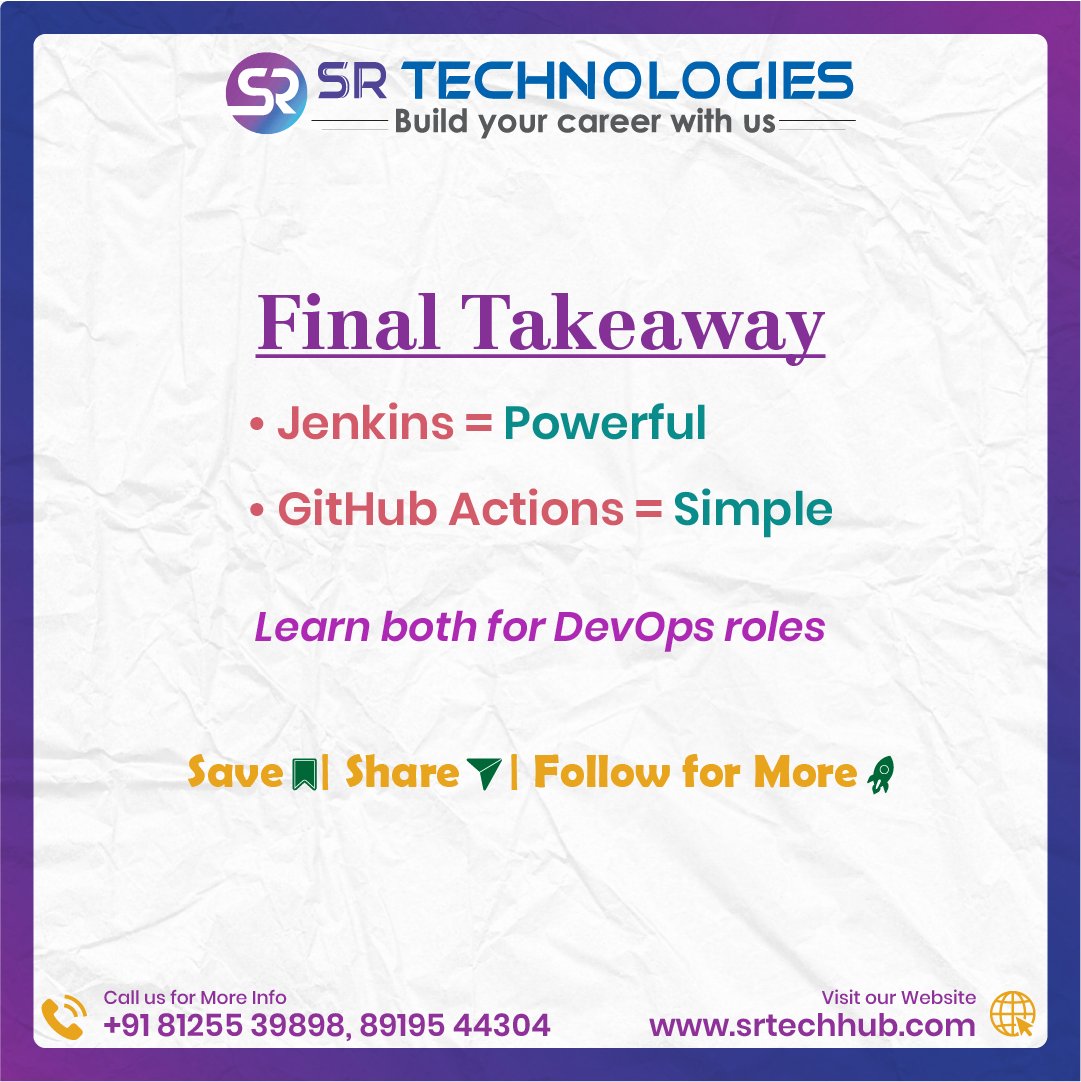 srdevopshub9's tweet image. Best takeaway:
• Use Jenkins for large enterprise and custom pipeline needs
• Use GitHub Actions for small and medium projects with quick setup needs
#Jenkins #GitHubActions #DevOps #CICD #AWS #Azure #DevOpsTraining #TechTraining #CloudComputing #Automation #SoftwareDevelopment
