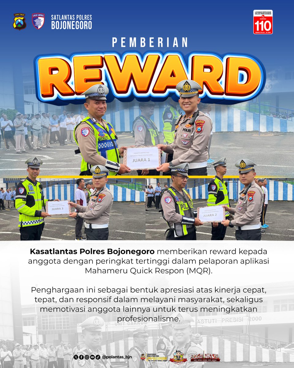 polantas_bjn's tweet image. Hai Sobat Lantas 👋
Reward untuk anggota berprestasi dalam pelaporan MQR 🏆
Apresiasi atas kinerja cepat, tepat, dan responsif demi pelayanan terbaik.
#PolantasBojonegoro #Presisi