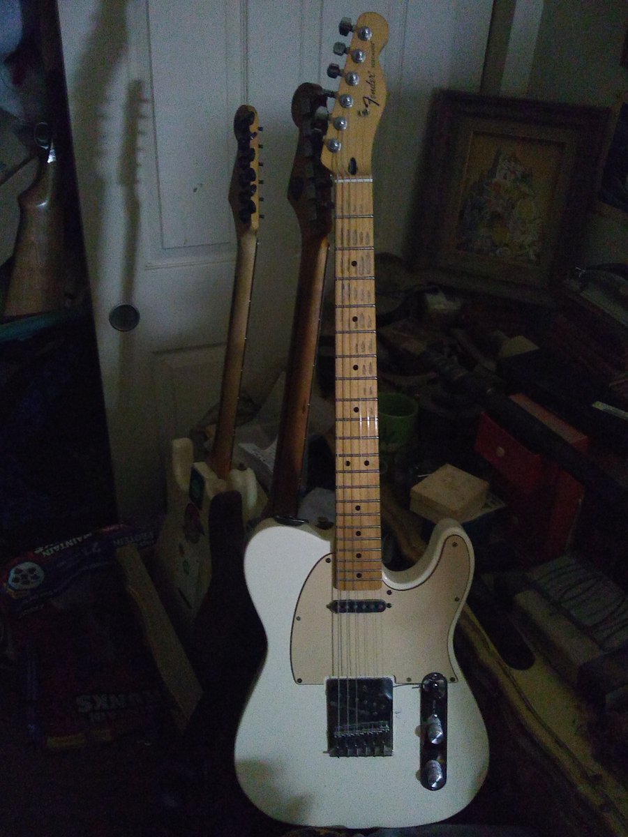 Toneknob7714's tweet photo. #Telecaster #TelecasterTuesday my two teles. i have a few strats, a Dean Flying V, &amp; a Washburn ML around here somewhere lol, but i built these two this last year. Just finished the butterscotch 51 Nocaster. still polishing the nitro to the proper thickness, which takes forever. https://t.co/mjDZR4RUPi