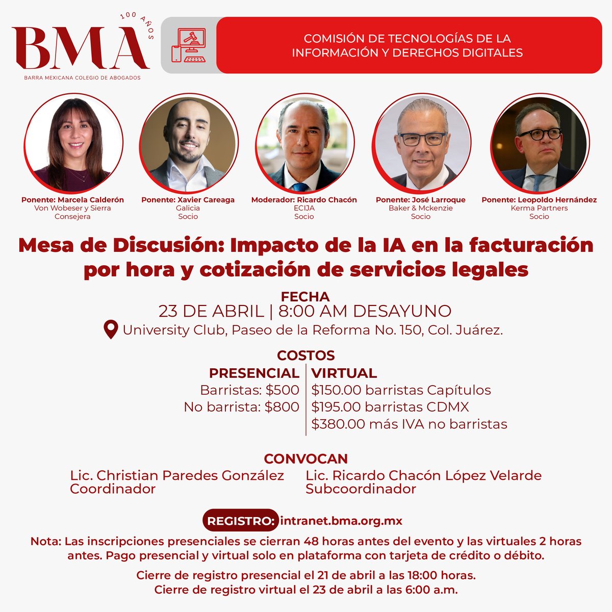 BMA_Abogados's tweet photo. ⚖️📊 Sesiones BMA | 23 de abril
La Barra Mexicana te invita a dos espacios clave para analizar los retos actuales del ejercicio legal desde la innovación y el cumplimiento.
🔴 Mesa de Discusión
Impacto de la IA en la facturación por hora y cotización de servicios legales
🕗 8:00 AM | Desayuno
📍 University Club
🔴 Sesión de Cumplimiento
Gestión de riesgos y extinción de dominio: el nuevo reto para las empresas en México
🕝 2:30 PM | Comida
📍 University Club
💼 Con la participación de destacados especialistas del sector legal.
💰 Costos:
Presencial:
• Barristas: $500 / $800
• No barristas: $800 / $1,400
Virtual:
• Barristas capítulos: $150
• Barristas CDMX: $195
• No barristas: $380 + IVA
⏳ Cierre de registros:
Presencial: 21 de abril, 18:00 h
Virtual: 23 de abril (6:00 AM / 12:30 PM según sesión)
📲 Registro: https://t.co/ZTnt04smWC
No te pierdas la oportunidad de actualizarte en temas que están redefiniendo la práctica legal.