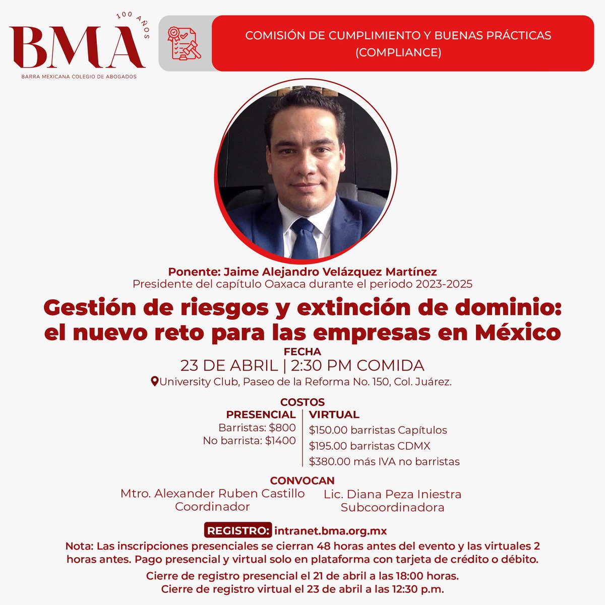 BMA_Abogados's tweet photo. ⚖️📊 Sesiones BMA | 23 de abril
La Barra Mexicana te invita a dos espacios clave para analizar los retos actuales del ejercicio legal desde la innovación y el cumplimiento.
🔴 Mesa de Discusión
Impacto de la IA en la facturación por hora y cotización de servicios legales
🕗 8:00 AM | Desayuno
📍 University Club
🔴 Sesión de Cumplimiento
Gestión de riesgos y extinción de dominio: el nuevo reto para las empresas en México
🕝 2:30 PM | Comida
📍 University Club
💼 Con la participación de destacados especialistas del sector legal.
💰 Costos:
Presencial:
• Barristas: $500 / $800
• No barristas: $800 / $1,400
Virtual:
• Barristas capítulos: $150
• Barristas CDMX: $195
• No barristas: $380 + IVA
⏳ Cierre de registros:
Presencial: 21 de abril, 18:00 h
Virtual: 23 de abril (6:00 AM / 12:30 PM según sesión)
📲 Registro: https://t.co/ZTnt04smWC
No te pierdas la oportunidad de actualizarte en temas que están redefiniendo la práctica legal.