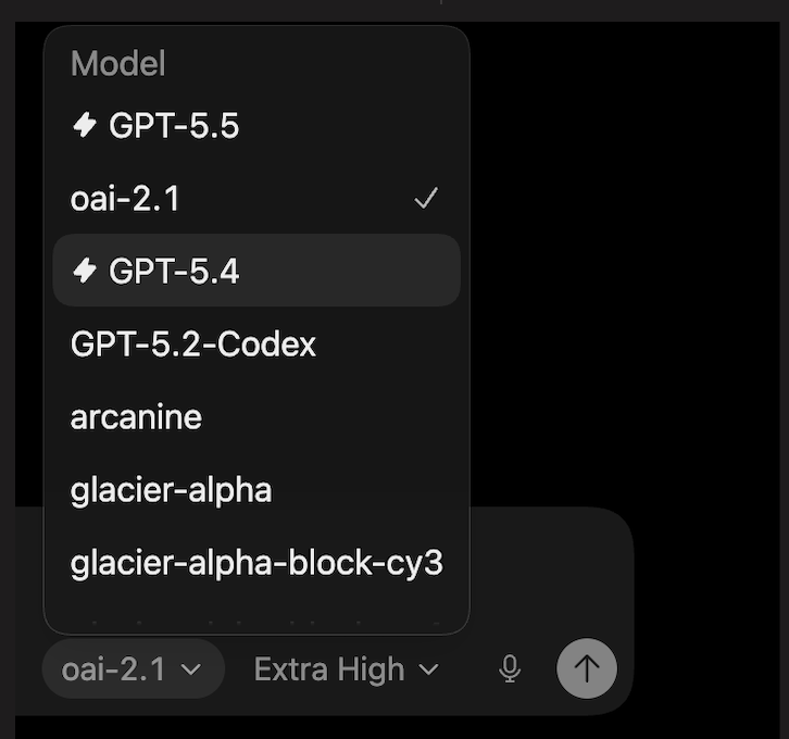 urmomsgpt's tweet photo. Have to tag these guys as I'd like to get this out there, and it genuinely happened to me.  @LLMJunky @iruletheworldmo 

Was using the codex app to get some work done, and I noticed that there were more models: https://t.co/jSoJLMc0Eu