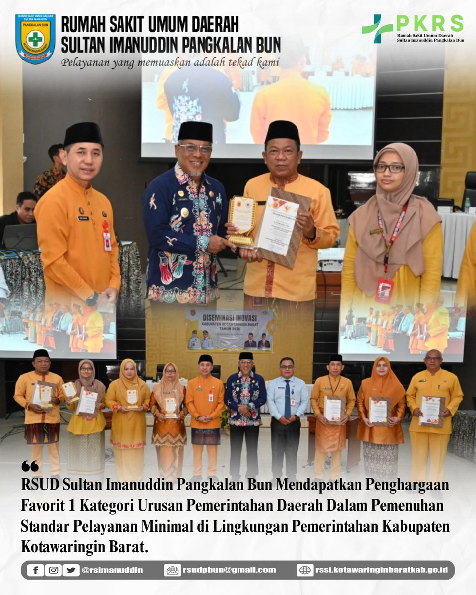 rsimanuddin's tweet photo. RSUD Sultan Imanuddin Pangkalan Bun Mendapatkan Penghargaan Favorit 1 Kategori Urusan Pemerintahan Daerah Dalam Pemenuhan Standar Pelayanan Minimal di Lingkungan Pemerintahan Kabupaten Kotawaringin Barat https://t.co/NGVyMSKovZ