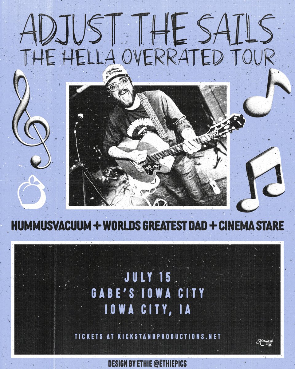 kickstandshows's tweet photo. 💥 JUST ANNOUNCED 💥
@adjustthesnails with @HummusVacuum999, @wgdband &amp; @CinemaStare 
📆 WED., JULY 15 at @IowaCityGabes
🎟 On sale FRIDAY at 10AM
🔗 https://t.co/owVSJheoHy https://t.co/BUs6cDZ13E