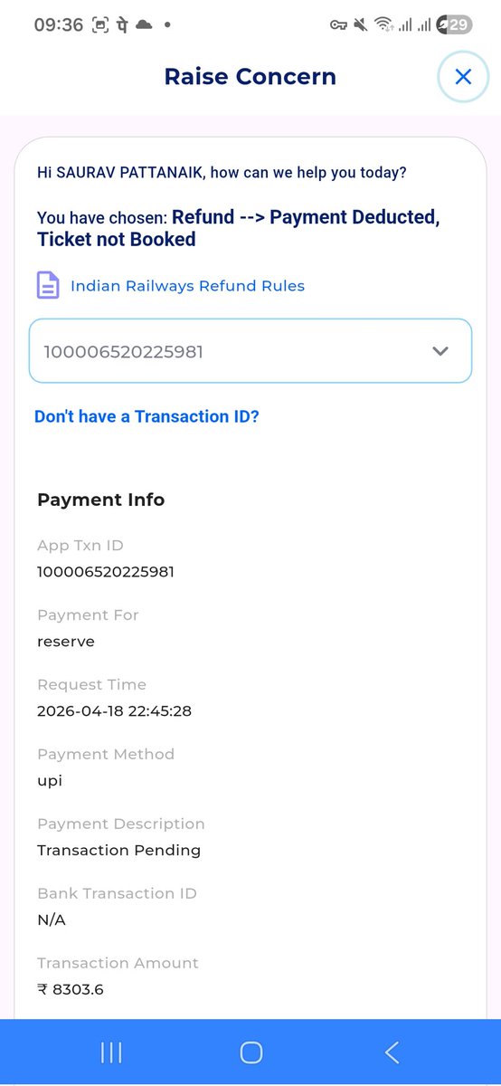 SPattanaikS's tweet photo. ₹8303.60 gone in seconds 💸
RailOne booking FAILED ❌

48+ hrs → “Payment Initiated” ⏳
Complaint → “Wait 5 days, ask your bank” 🤷‍♂️

@RailMinIndia is this how you operate? Instant debit but delayed refunds?

Common people can’t block ���8K like this.

Fix your system ⚠️

@AshwiniVaishnaw @IRCTCofficial @RailMinIndia @RailwaySeva @ndtv @CNNnews18 @PMOIndia @RahulGandhi 

“Attaching proof 👇”