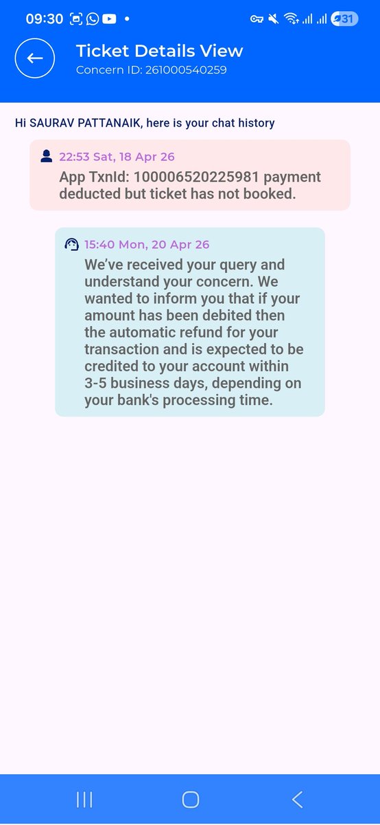 SPattanaikS's tweet photo. ₹8303.60 gone in seconds 💸
RailOne booking FAILED ❌

48+ hrs → “Payment Initiated” ⏳
Complaint → “Wait 5 days, ask your bank” 🤷‍♂️

@RailMinIndia is this how you operate? Instant debit but delayed refunds?

Common people can’t block ���8K like this.

Fix your system ⚠️

@AshwiniVaishnaw @IRCTCofficial @RailMinIndia @RailwaySeva @ndtv @CNNnews18 @PMOIndia @RahulGandhi 

“Attaching proof 👇”