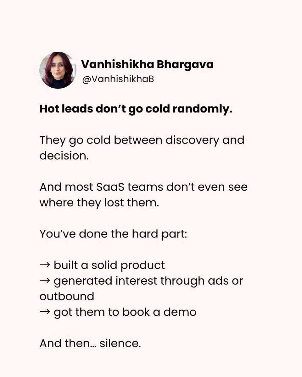 VanhishikhaB's tweet image. Most teams try to fix this problem at the bottom of the funnel.

More follow-ups.
Better demos.
More aggressive sales cycles.

#b2bsaas #llmseo #leadgeneration