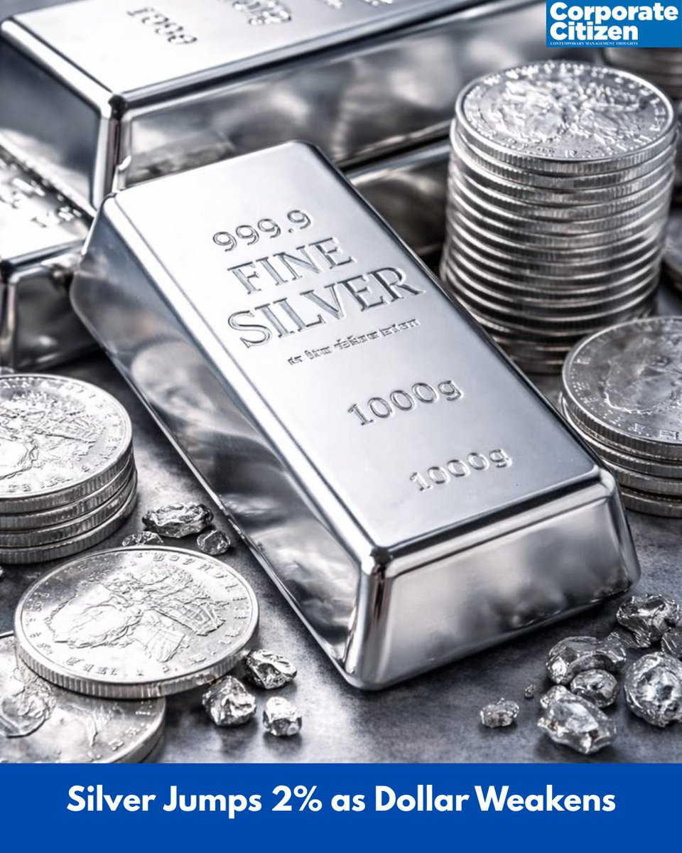 C_CMagazine's tweet photo. Silver is shining again. 
Prices jump 2% as oil cools and the dollar slips.
Markets reacting fast to global cues 

#Silver, #Gold, #CommodityMarket, #PreciousMetals, #MarketNews, #Inflation, #CrudeOil, #Dollar https://t.co/3Lr1vx1O9L