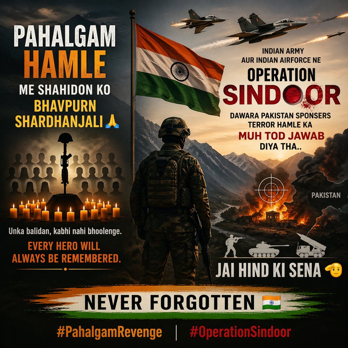 SeedhiBakwas's tweet image. Pahalgam Hamle Me Shahidon Ko Bhavpurn Shardhanjali 🙏 

Indian Army Aur Indian Airforce Ne Operation Sindoor Dawara Pakistan Sponsered Terror Hamle Ka Muh Tod Jawab Diya Tha..
Jai Hind Ki Sena 🫡 
Never Forgotten 🇮🇳 

#PahalgamRevenge #OperationSindoor