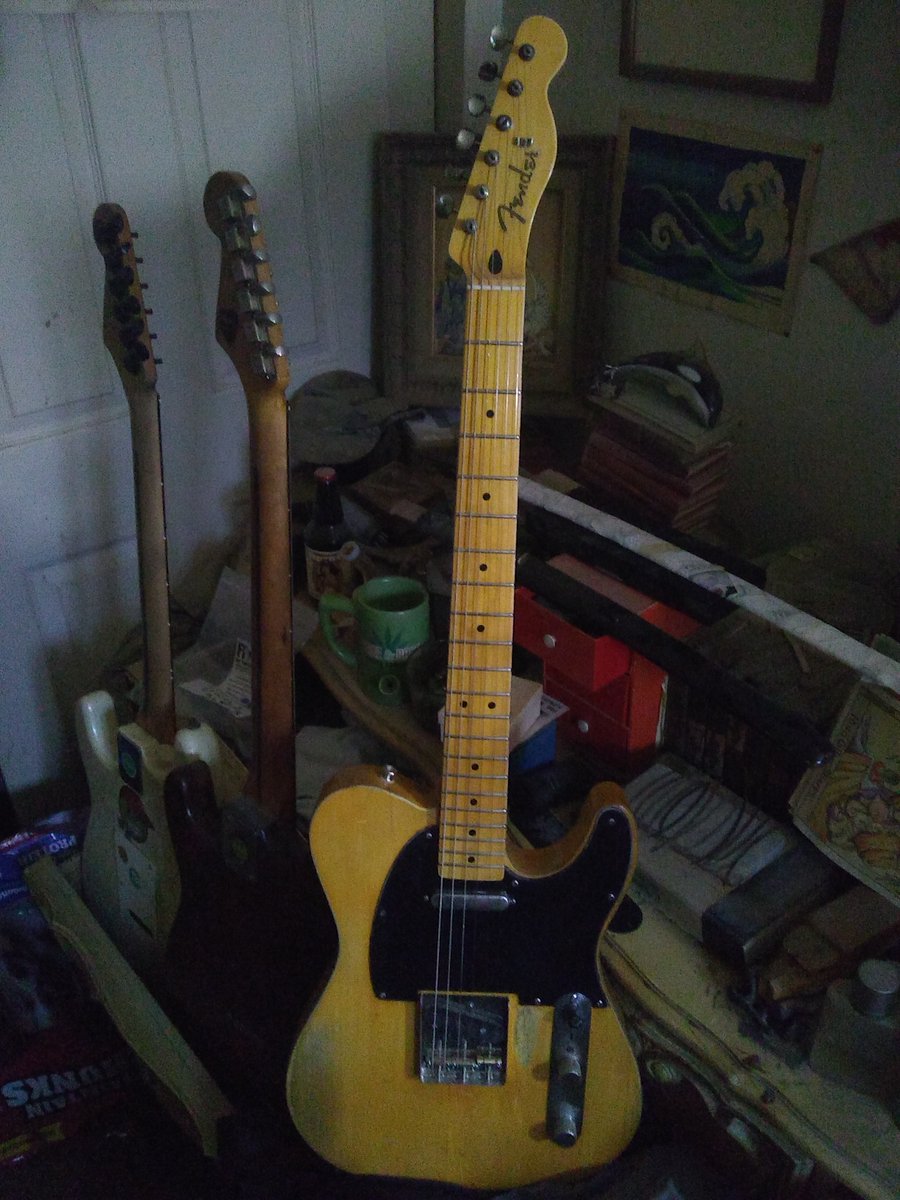 Toneknob7714's tweet photo. #Telecaster #TelecasterTuesday my two teles. i have a few strats, a Dean Flying V, &amp; a Washburn ML around here somewhere lol, but i built these two this last year. Just finished the butterscotch 51 Nocaster. still polishing the nitro to the proper thickness, which takes forever. https://t.co/mjDZR4RUPi