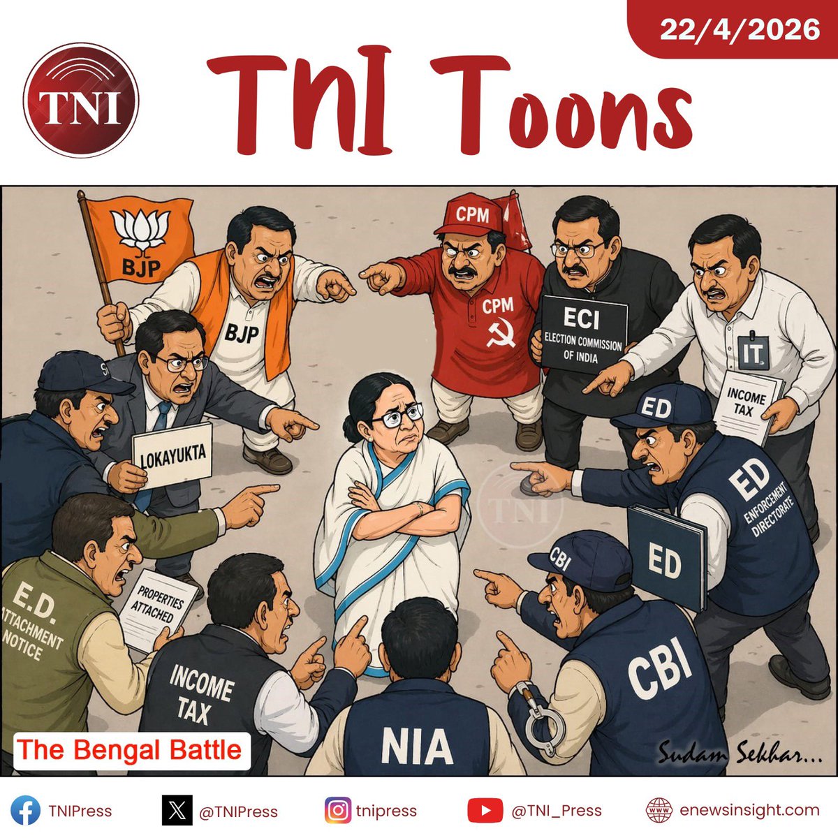 TNIPress's tweet image. 🔴 TNI Toons - The Big Bengal Battle. TMC Chief Mamata Banerjee facing the biggest challenge of her life - cornered by all. Tough Battle Ahead! #TNI #Insight #TNIPress
