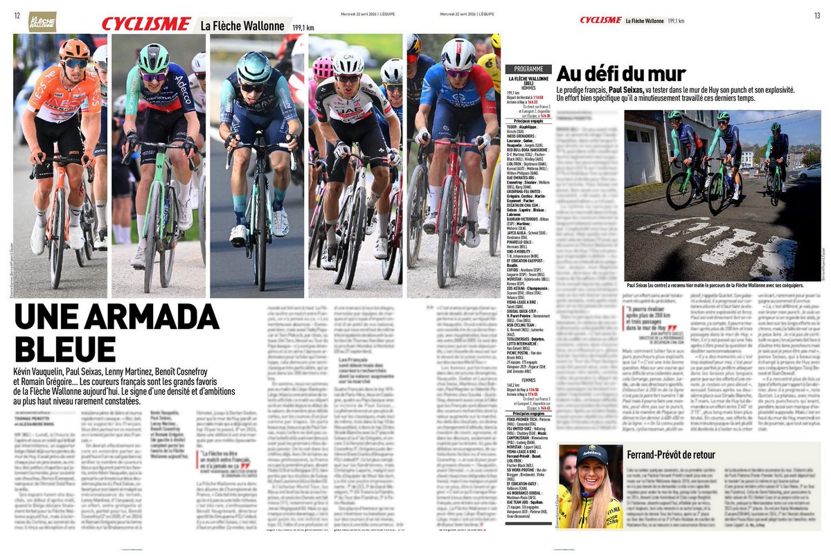 RenaudB31's tweet image. #FlècheWallonne 🏹 / #Média 📰
Portés par une nouvelle génération en feu et un printemps prolifique, les Français s'avancent en favoris sur la Flèche Wallonne

💬 "La Flèche va être un match entre Français, on n'a jamais eu ça"
▪ Les Français sont désormais des coureurs
