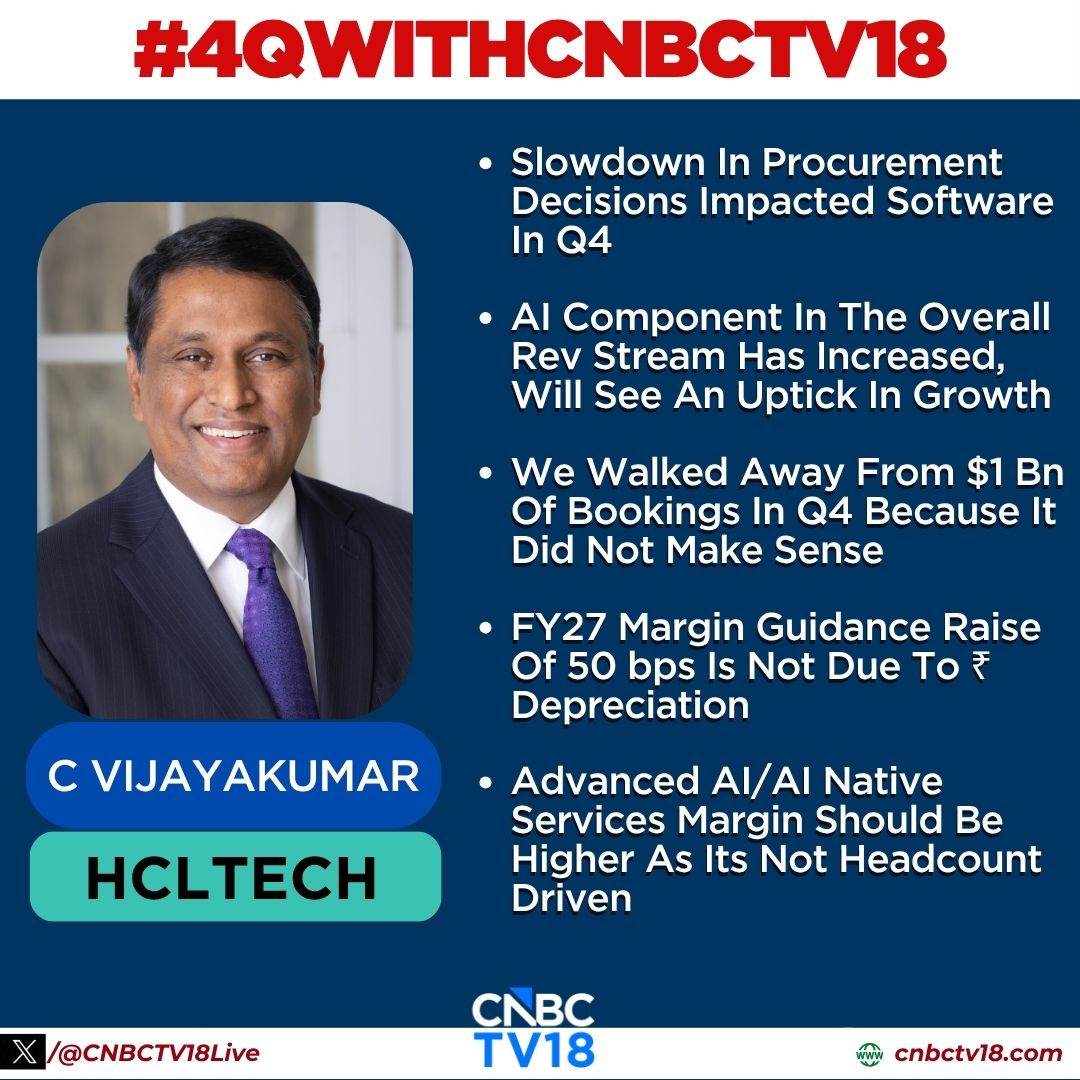 CNBCTV18Live's tweet image. #4QWithCNBCTV18 | Slowdown in decision making in #software impacted rev by $30 m in Q4. Have been able to offset approx 70% of AI deflation due to new svcs. #AI component in overall rev stream has increased, will see an uptick in growth

Walked away from $1 bn of bookings in Q4