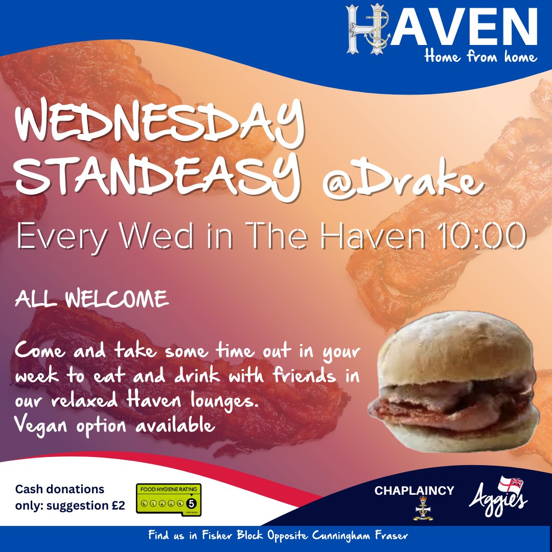Aggie_Westons's tweet photo. 🕙Wednesday Standeasy is on this morning at Drake from 1000!
Based at Devonport? Pop in for a butty and a wet and have a chat with the team. ☕🥓
#HMSDrake #HMNBDevonport #Plymouth https://t.co/ueOCgPD1ri