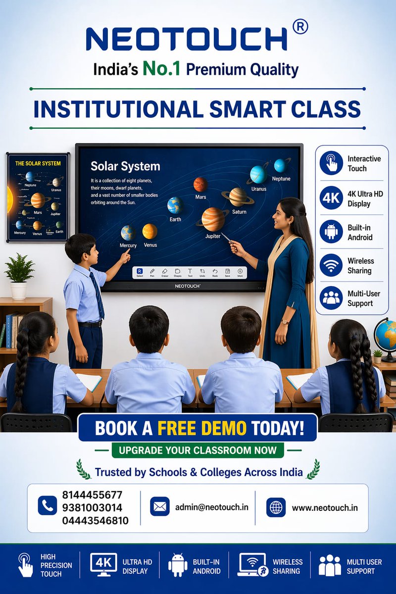 Neotouch2024's tweet image. Upgrade your classroom with NEOTOUCH Smart Class 📚✨

Book FREE demo 📞 8144455677 / 9381003014 / 04443546810 📧

admin@neotouch.in
🌐 neotouch.in

#NEOTOUCH #SmartClassroom #DigitalLearning #EdTechIndia #InteractiveLearning #4KDisplay #FutureOfEducation