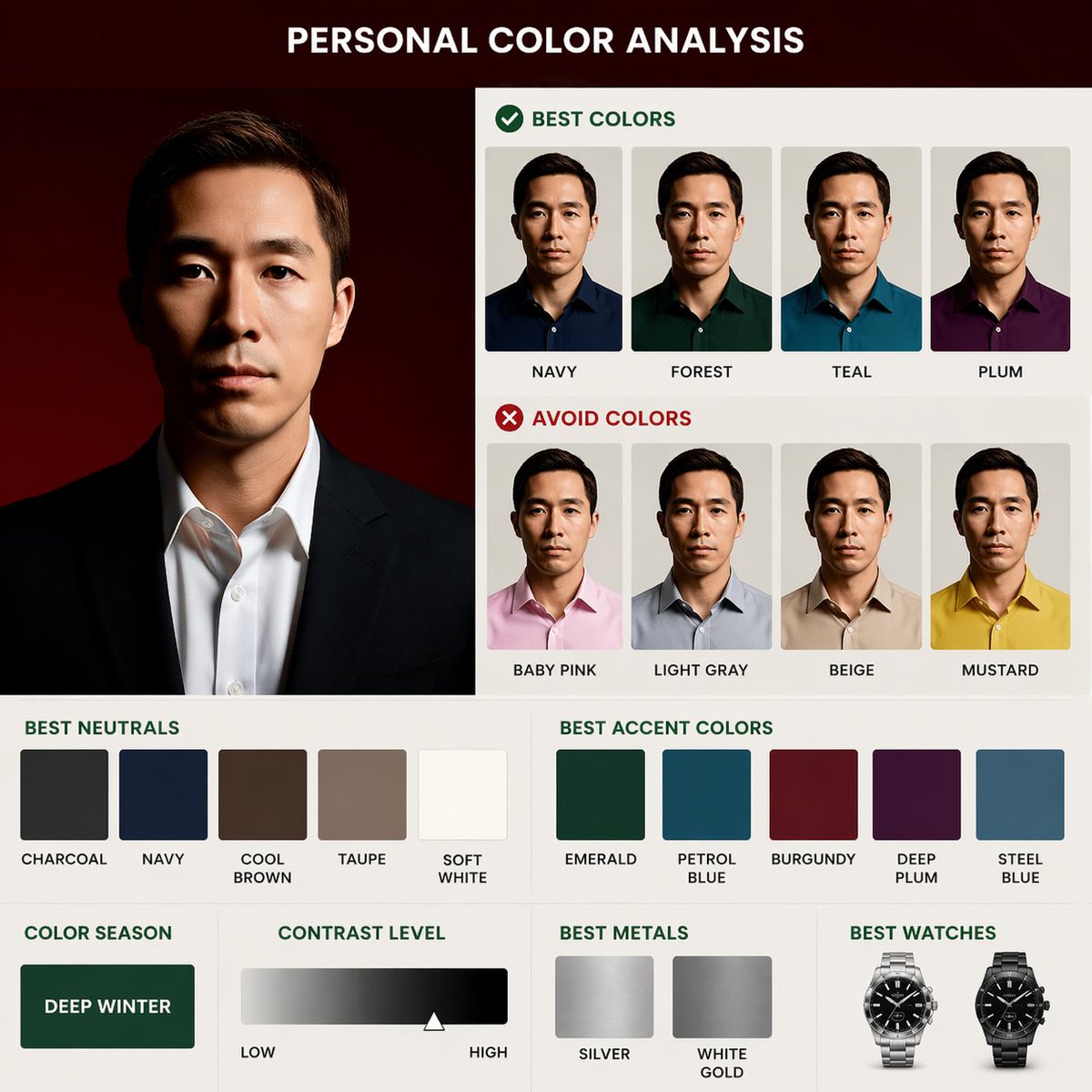 socialdevflow's tweet image. Some colors upgrade your look. Others don’t.

image2 analyzes your face and shows exactly what works — from best colors to avoid tones and your personal color season.

No more guessing. Just better style.

#AI #ColorAnalysis