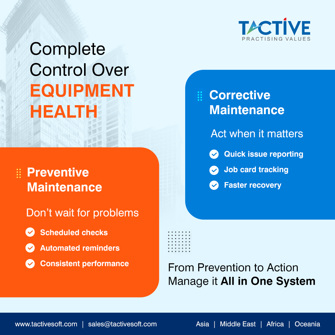 Tactivesoftware's tweet image. #Equipment performance isn’t just about fixing problems, it’s about preventing them. With a structured approach to both preventive and corrective maintenance, you can reduce unexpected downtime, respond faster to issues, and keep operations running smoothly.👷💻 

#Tactiveerp