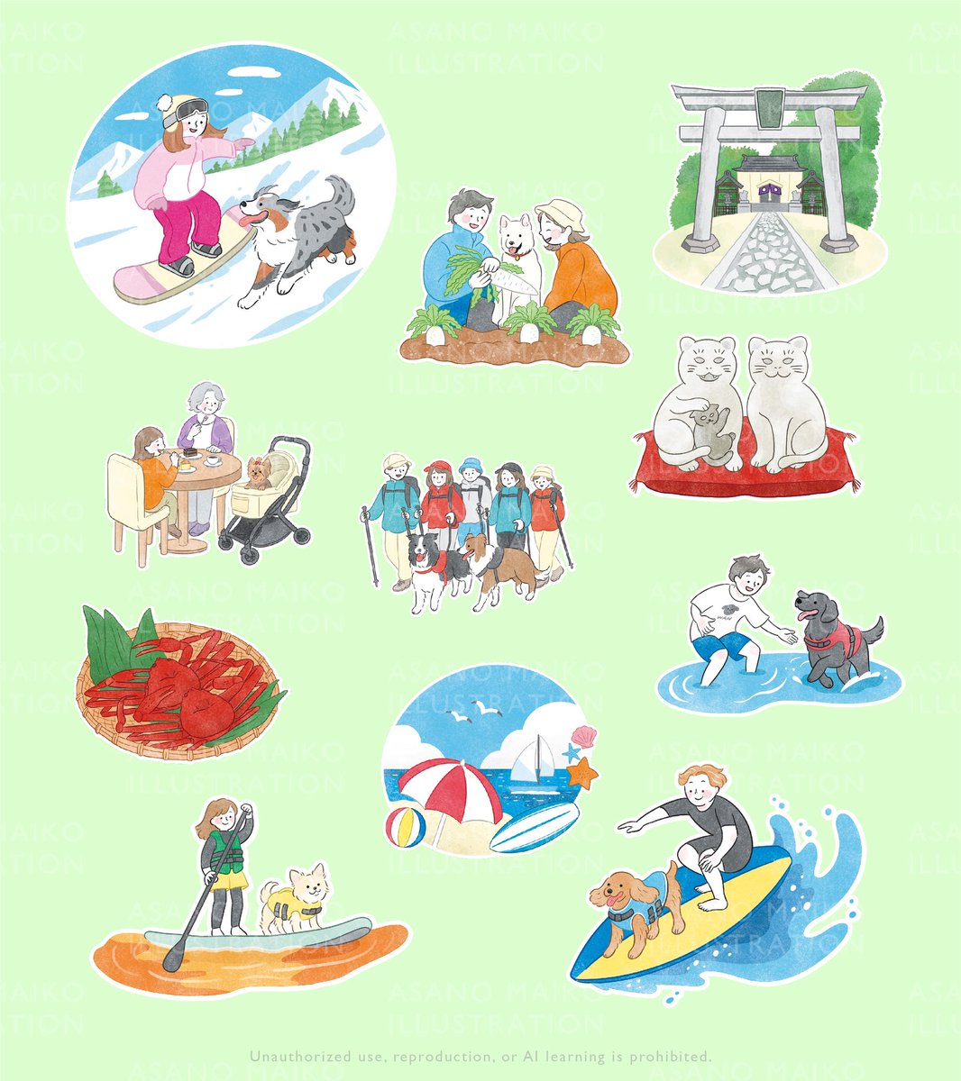aoaraid's tweet photo. お仕事紹介  ✏︎
「イヌと遊べる京丹後」観光MAP内のカットイラスト15点・アイコン6点の制作を担当しました。日本海に面した京都である京丹後の自然や歴史文化、わんちゃんと楽しめるアクティビティなどたくさん描かせていただいてます🏄🏂🦀⛩️🐕‍🦺

CL：京丹後市観光公社 https://t.co/L5NjvWv6YF